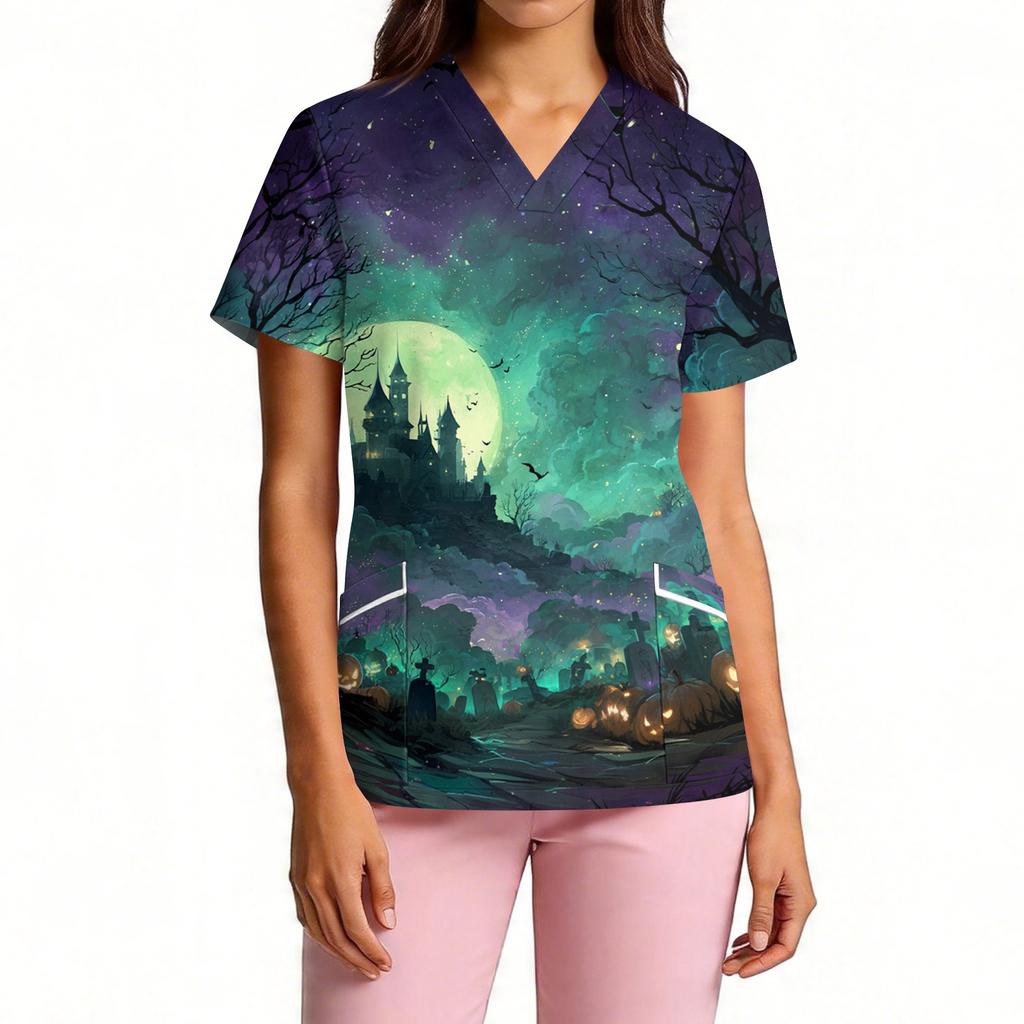 Women's Fashion V Neck Short Sleeve Work Shirt with Pockets Halloween Themed Print Top Suitable for Professional and Casual Wear