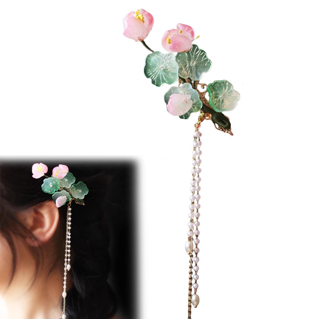 Lotus Hair Clip for Women Alloy Floral Hairpin with Imitation Pearl and Tassel, Traditional Chinese Style for Hanfu Cheongsam Wedding