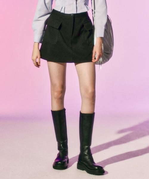 KOLEAT [Fleece-Lined Ver.] Functional Warm Cargo Elastic Waist Mini Skirt [Black]