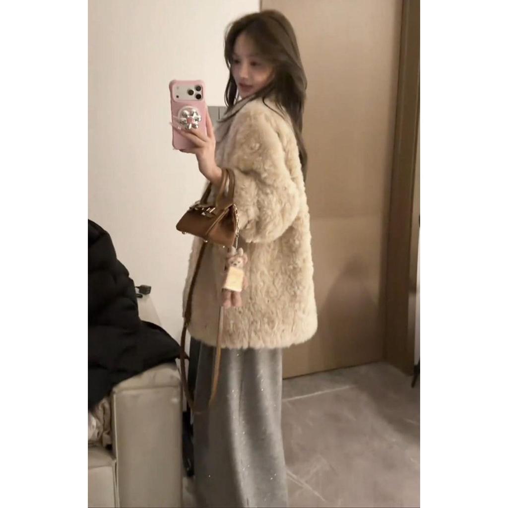 Korean Winter Set: Retro Lapel Lamb Wool Coat & Loose Wide-Leg Pants, 2-Piece