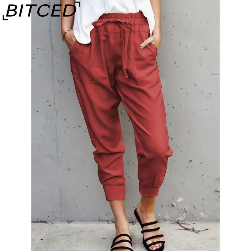 BITCED Summer Women Loose Plus Size Solid Color Simple Lace Up Slim Casual Nine Point Slimming Trousers