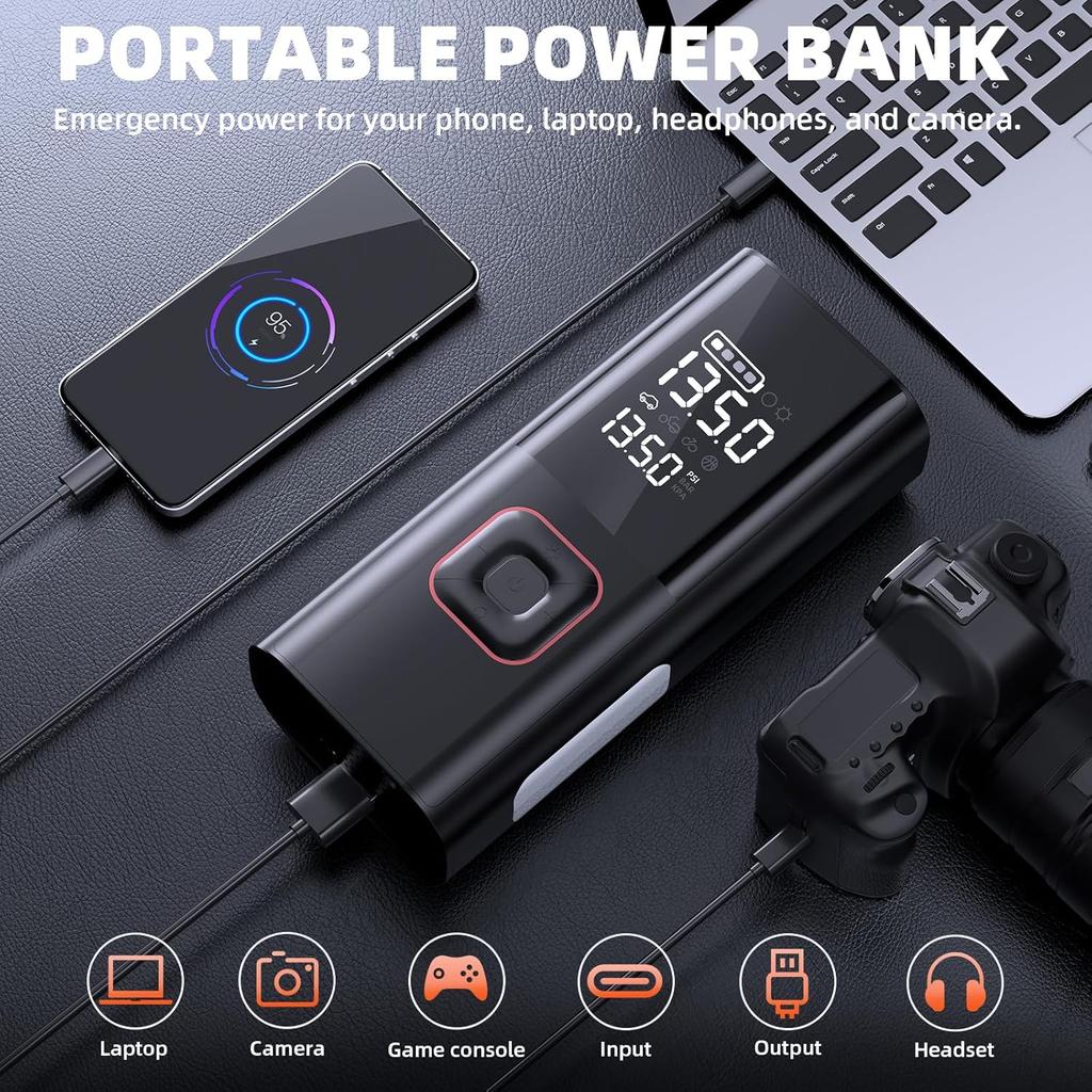 Portable 5000A Jump Starter with Air Compressor, 160PSI Auto-Shutoff Inflator, LED Light, 12V Car Battery Jumper Box with Cables
