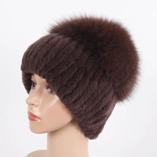 Women Winter Real Fur Hat Scarf 2 Pieces Knitted Rex Rabbit Fur Hat Top Natural Fox Fur Cap Scarves Sets Lady Warm Real Fur Caps