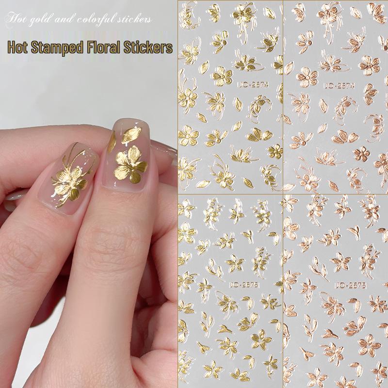 2025 Autumn/Winter Retro Gold Foil Nail Art Stickers: Embossed Floral Branches & Jade Leaves Accessories