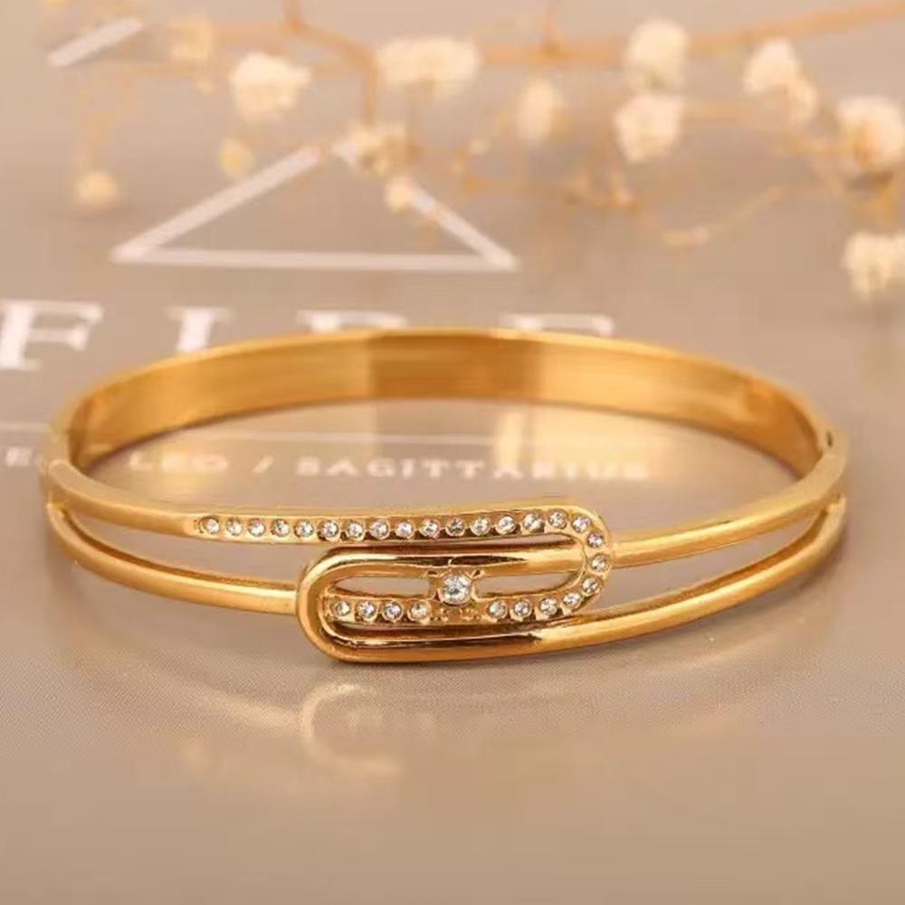 Luxury Gold Plated Zircon Bangle Elegant Openwork Design Stainless Steel High-Quality Women's Fashion Bracelet