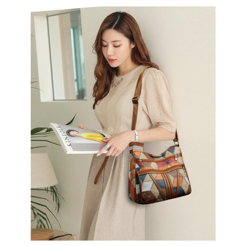 New Middle-Aged Mom Crossbody Bag Patchwork Color-Block Fashion Vintage Multi-Compartment Large Capacity Commuter Shoulder Bag