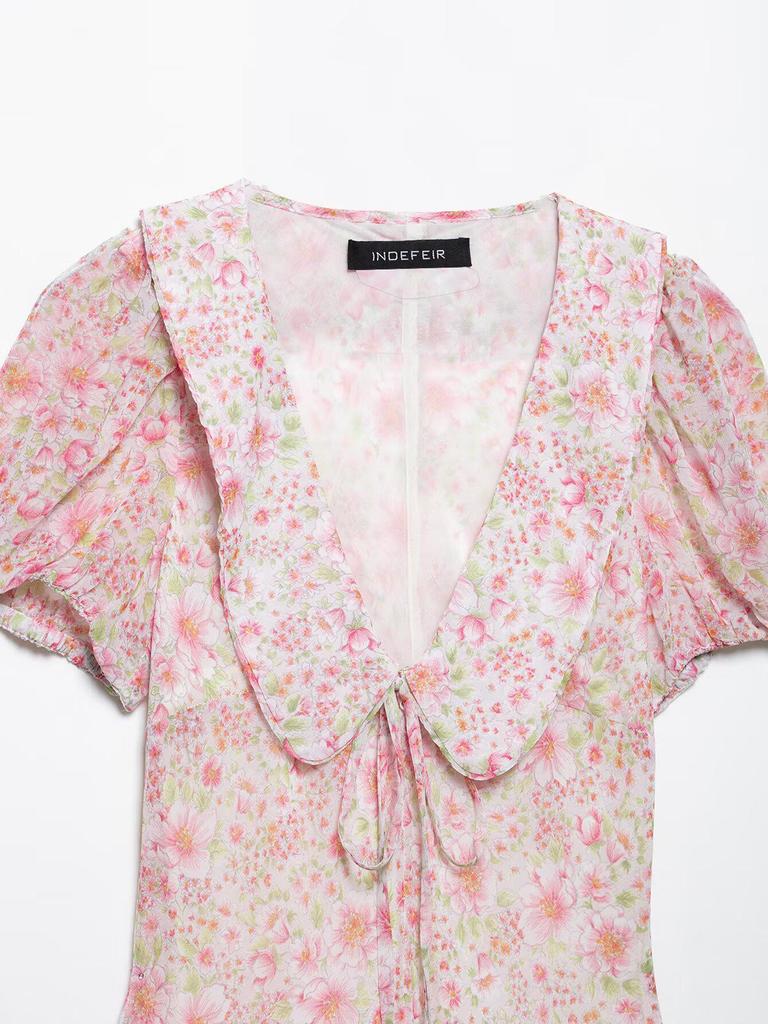 2025 Spring Women's Fashion: European & American Style Printed Short Dress with Round Turn-Down Collar