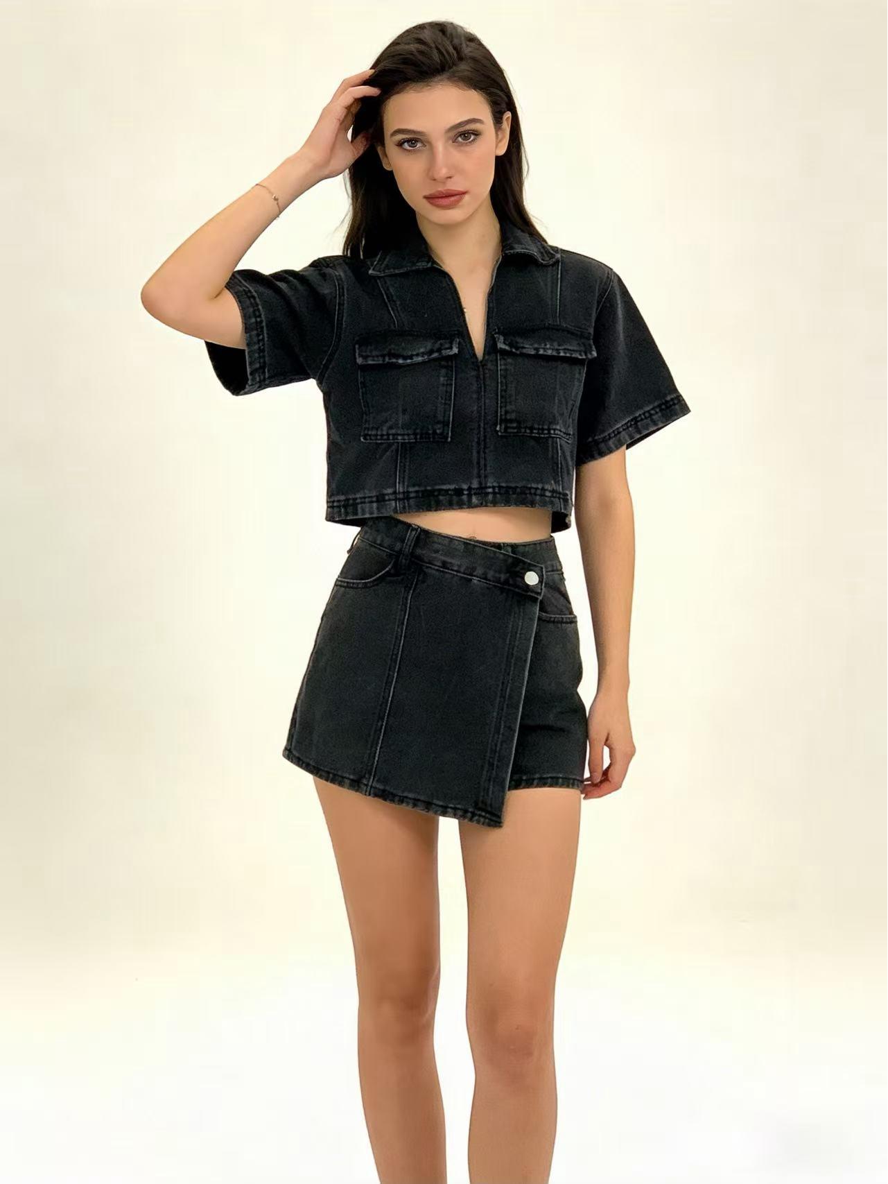 

Summer V-Neck Short Sleeve Top with High-Waist Irregular Denim Skirt-Pants Small чёрный