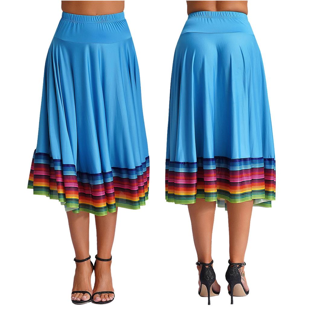 Womens Flamenco Dance Skirt Colorful Stripe Hem Elastic Waistband Folk Dancing Stage Performance Costume