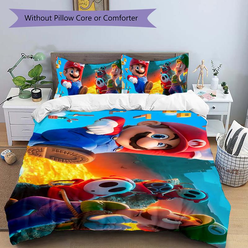 Mario Friends Adventure Printed 3pcs Bedding Set Soft Microfiber 1 Duvet Cover And 2 Pillowcases Home Bedroom Decor Xmas Gift K1856