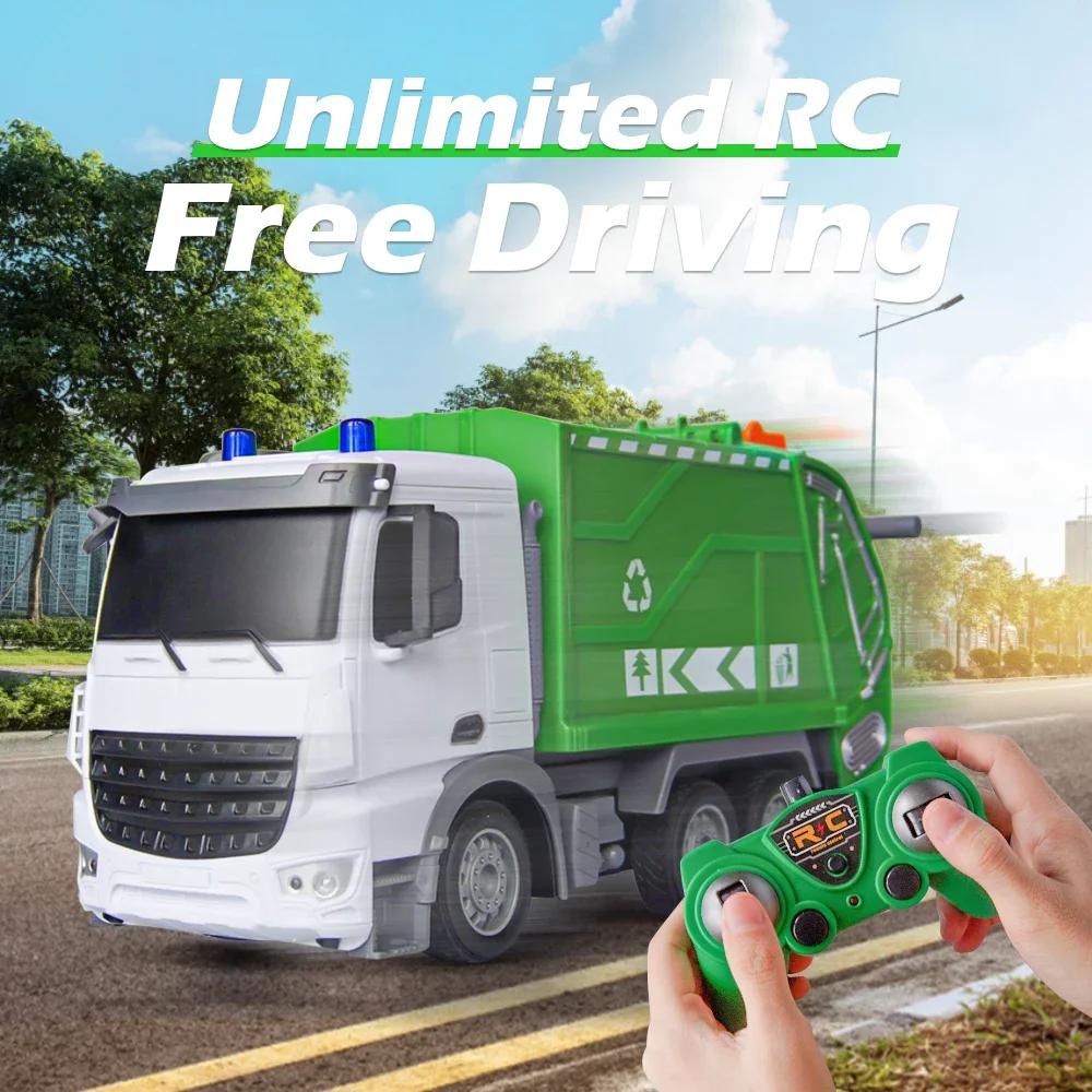 RC Sanitation Garbage Truck Toy with Lights 1/14 2.4G Radio Controlled Car Vehicle Recycling Cars Birthday Gifts for Children