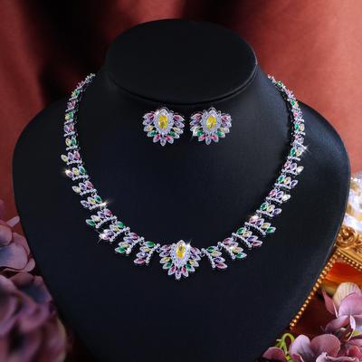 Bridal Dress Jewelry Set Zircon Inlaid Multicolor Necklace Earrings Luxury Full Diamond Set Chain