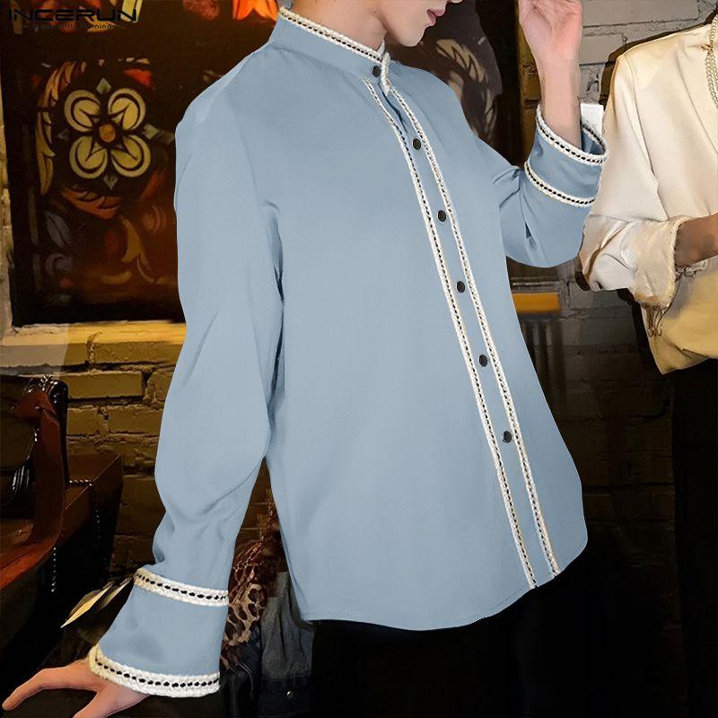 INCERUN Men Stand Neck Stitching Buttons Up Casual Long Sleeve Shirts