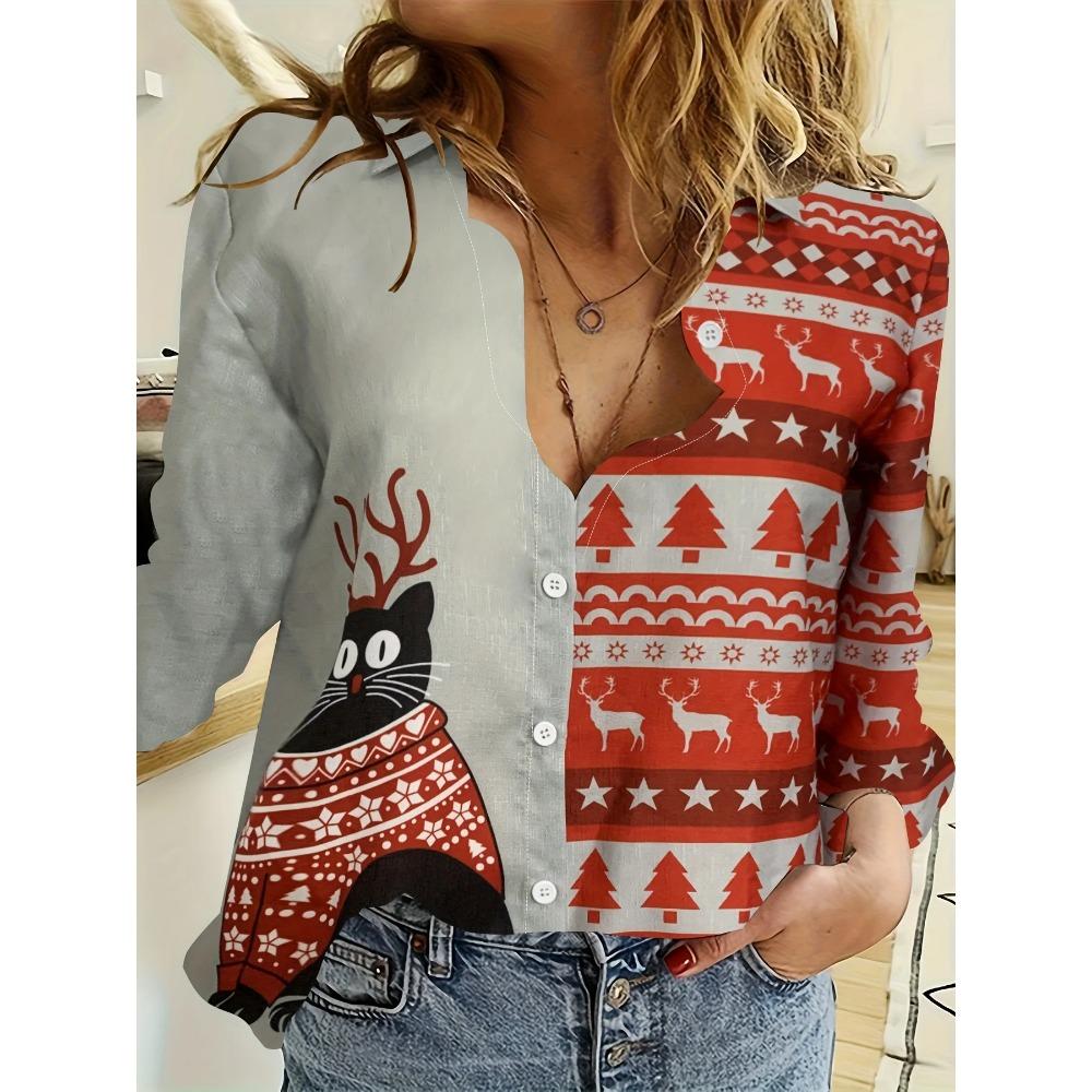 Women's Shirt Spring Fashion Clashing Color Patchwork Shirt Tops Blouse Temperament Sense Long Sleeve Cat Print Shirts