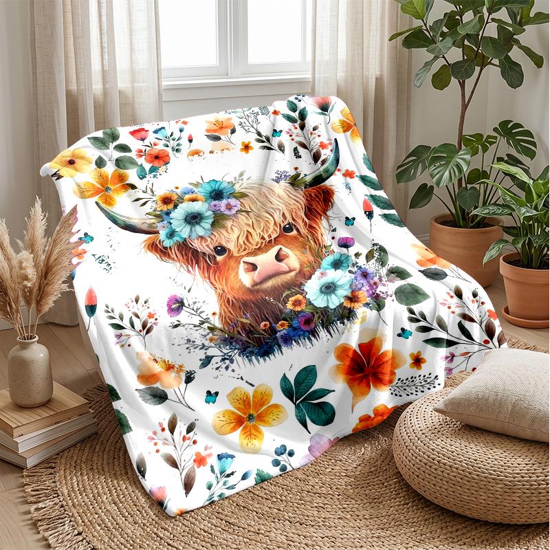 Festive Highland Cow Decoration Theme Blanket Lightweight Warm Flannel Blanket Decorative Throw Blanket for Home Decoration