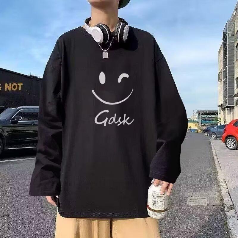 2024 Men's Long-Sleeved T-shirt Autumn Undershirt Long Sleeve Cotton Autumn Hong Kong Style Printing Loose Trendy Top