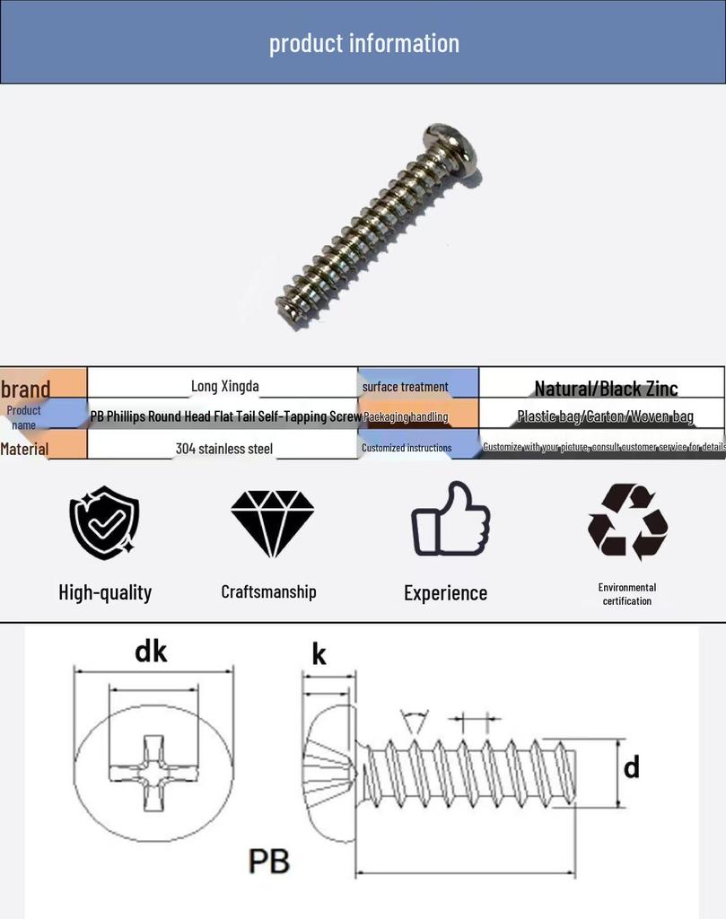 M3 Self-Tapping Screws Assortment, Round Head, Flat Tail, 304 Stainless Steel, PB Plain/Black Zinc Finish