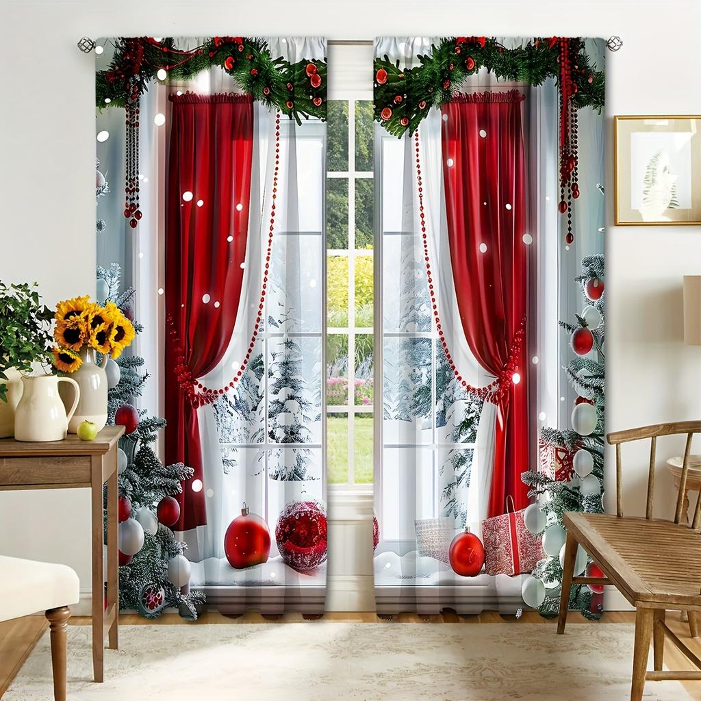 2-Pc Polyester Christmas Curtains with 3D Floral & Ball Digital Print - Rod Pocket Window Drapes for Living Room & Bedroom