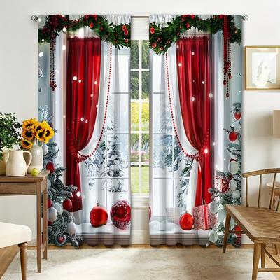2pcs Festive Christmas Curtains With Green Pine & Golden Ornaments - Rod Pocket Design For Living Room, Bedroom, Office Decor
