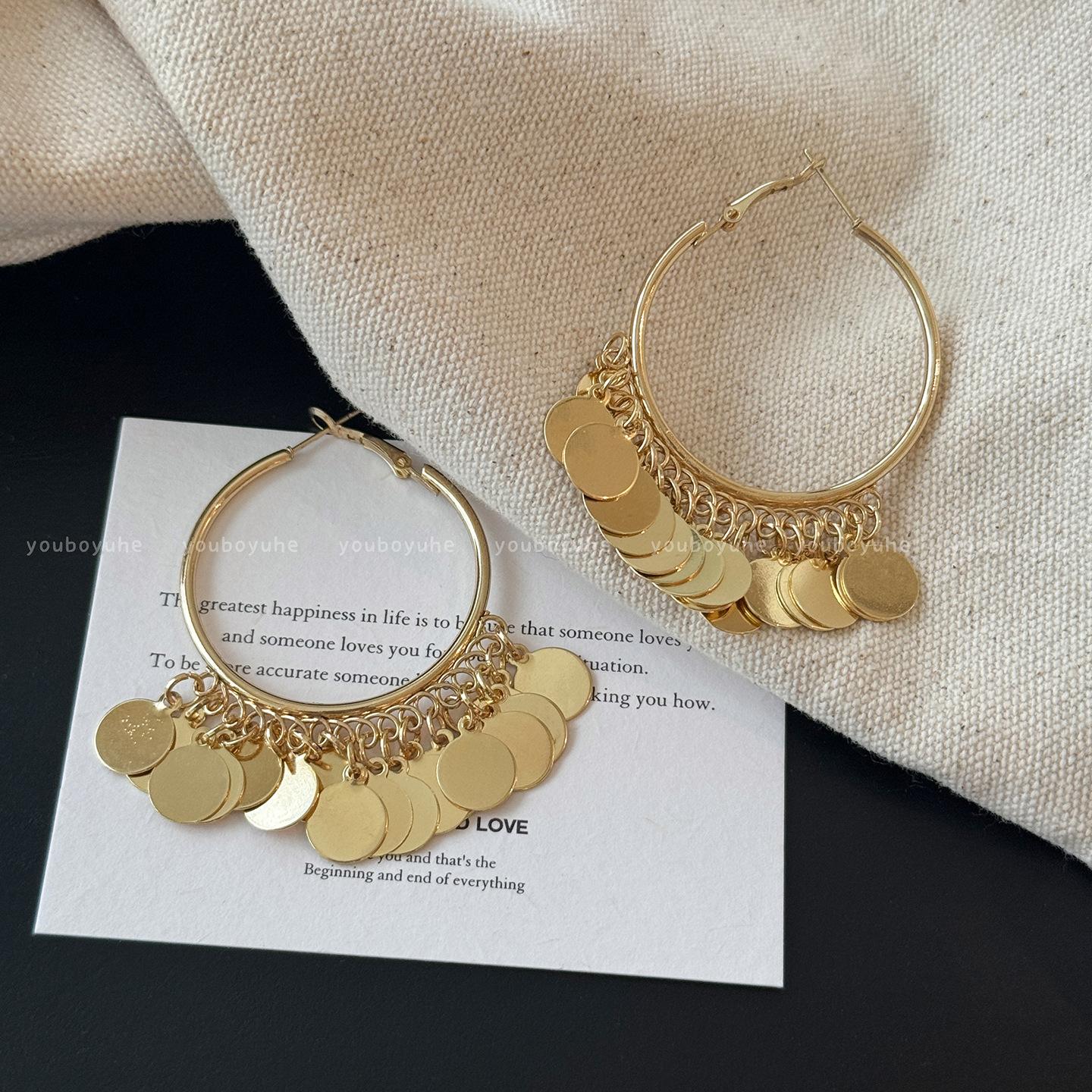 Ethnic Gold Sequin Tassel Hoop Earrings for Women
