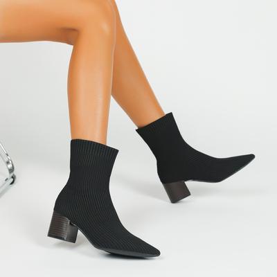 Botas femininas de bico fino, salto baixo e grosso, estilo bloco, sem cadarço, respiráveis, elásticas, para mulheres, confortáveis, botas Chelsea de malha