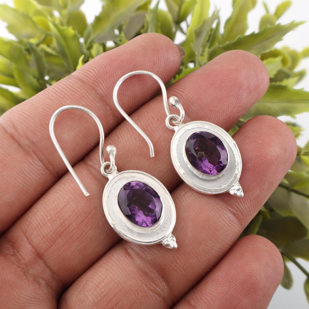 Amethyst Gemstone Earrings, 925 Solid Sterling Silver, Handmade Beautiful Silver Earrings, Dainty Intuition Jewelry Gift For Her