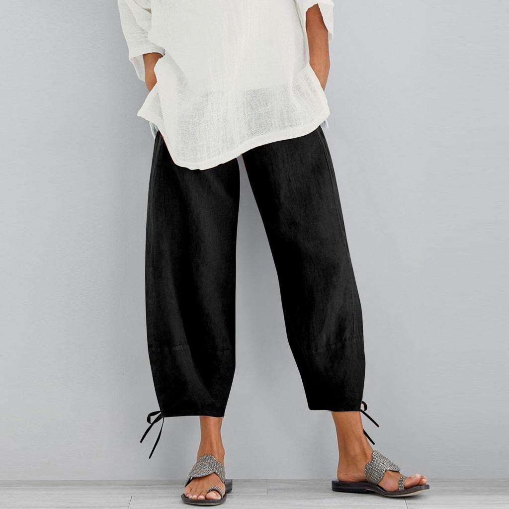 Hosen für Damen, lässig, Sommer, einfarbig, elastisch, hohe Taille, Baumwolle und Leinen, lockere Hosen, Crop-Hose