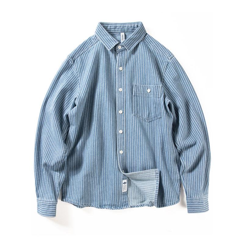 Men's Trendy Retro Casual Denim Shirt: Spring/Autumn Stripe Lapel Long Sleeve