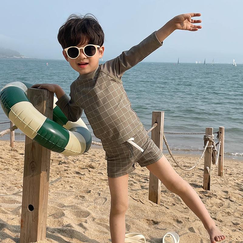 

Kids Korean Style Plaid Swimsuit: Military Green, Long-Sleeved, Quick-Dry 120 cm