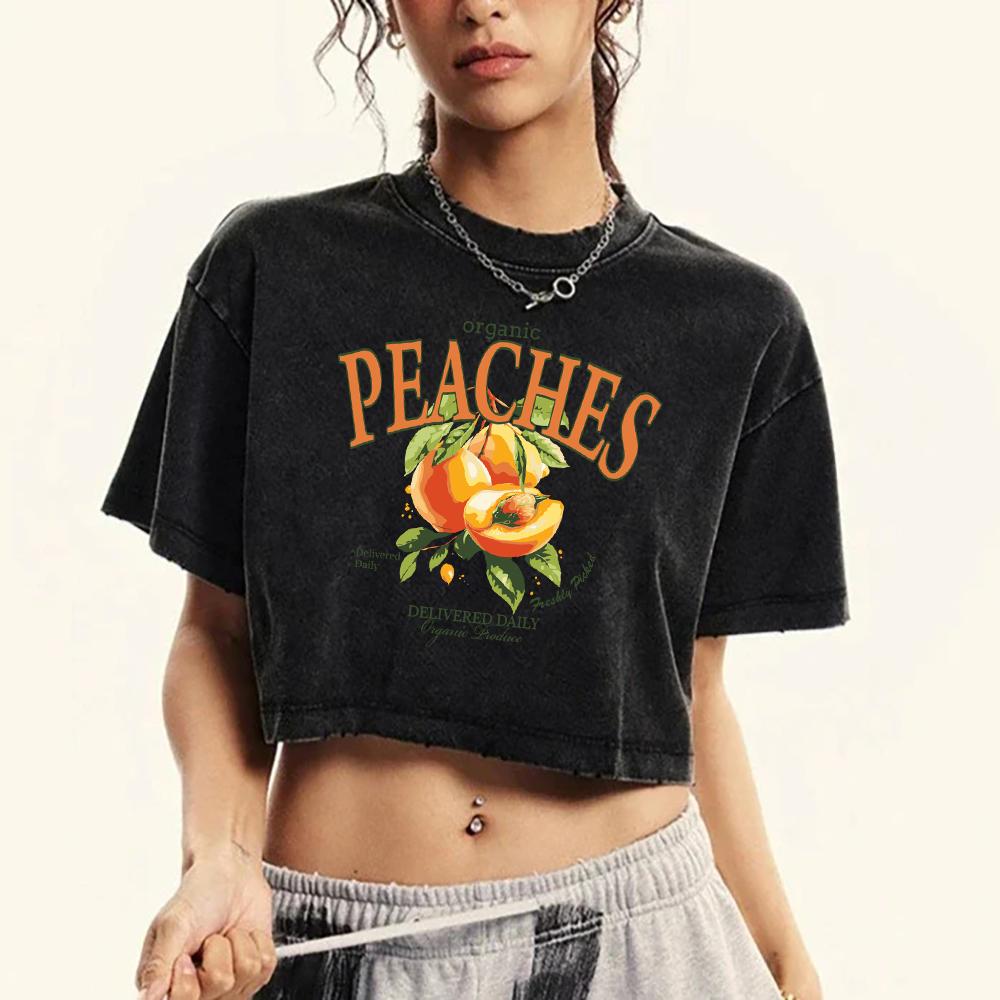 Fruit Yellow Peach Fresh Print Womens Washed Tee Shirt Crop Cotton T Shirts Soft Tops Fashion Short Sleeve