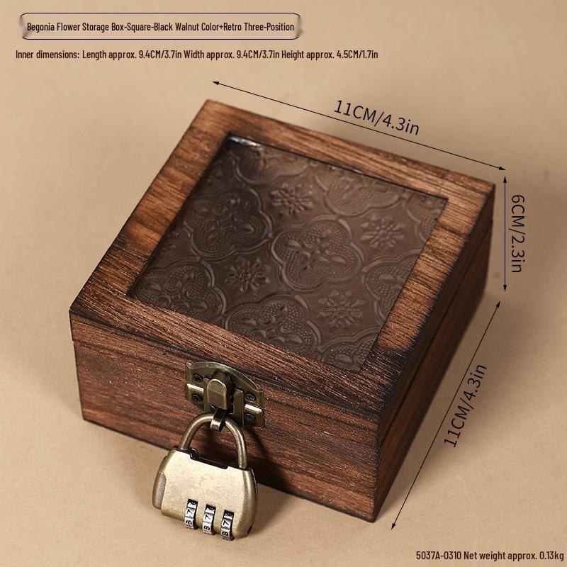 Retro Begonia Glass Lid Wooden Storage Box for Cosmetics, Snacks, Candy, and Documents - Dustproof and Multifunctional