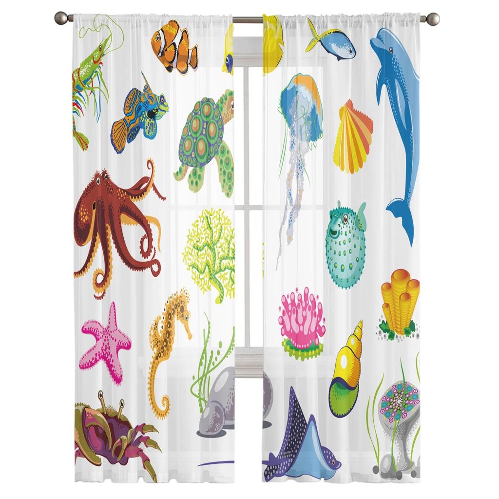 Cartoon Marine Life Animal Tulle Curtains for Living Room Drapes Window Sheer Modern Curtains for Bedroom Decor