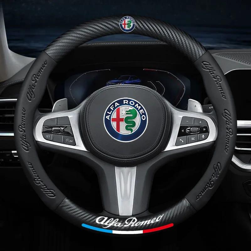 Hub Caps Car Steering Wheel Cover PU Leather Decoration Carbon Fiber For Alfa Romeo Giulia Stelvio Giulietta 159 147 156 166 Acc CVP1