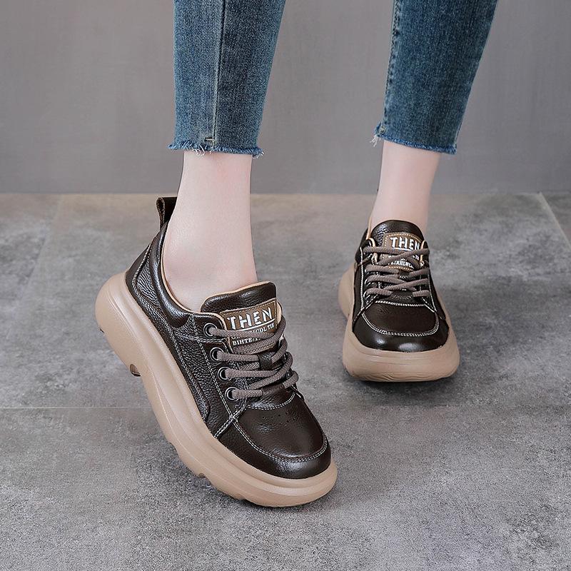 Women's Genuine Leather Retro Lace-Up Sneakers with Thick Soles - Spring Casual Cowhide Loafers