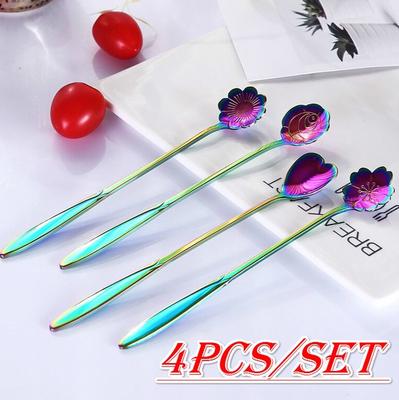 4 pezzi/lotto stoviglie in acciaio inox arcobaleno fiore cucchiaio ghiaccio zucchero cucchiaio tè caffè cucchiaio agitatore bar sp