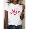 European Size Valentine'S Day Chic Women'S White T-Shirt with Love Print - Casual Crew Neck, Short Sleeve, Stretchy Polyester Blend, Machine Washable
