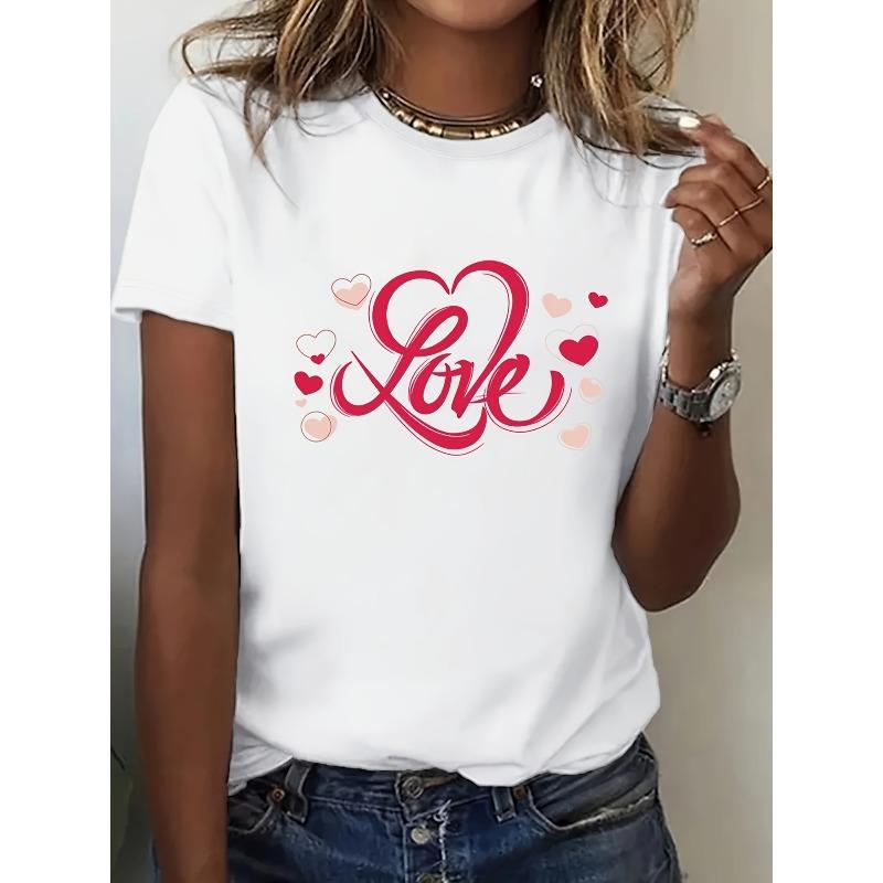 European Size Valentine'S Day Chic Women'S White T-Shirt with Love Print - Casual Crew Neck, Short Sleeve, Stretchy Polyester Blend, Machine Washable