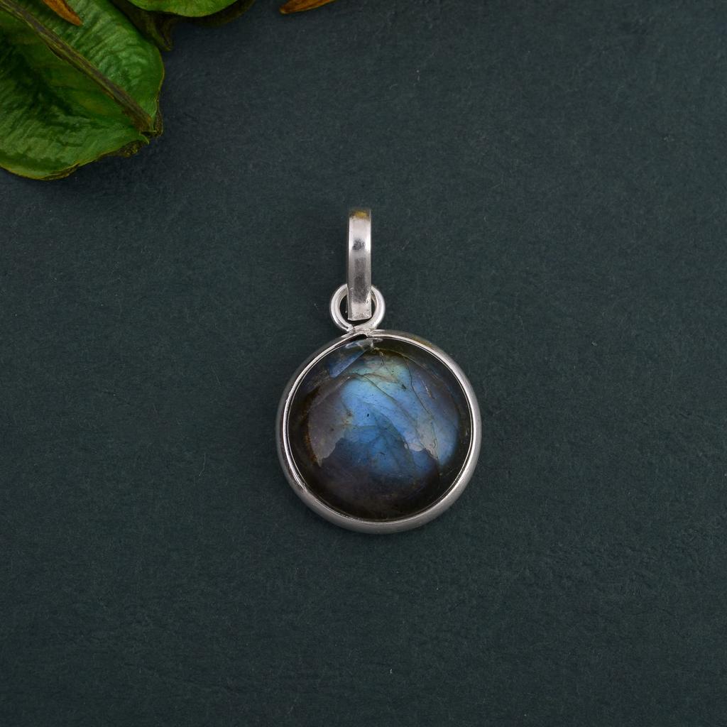 Labradorite Pendant Round Cabochon Solid 925 Sterling Silver Gemstone Pendant without Chain Jewelry For Women or Girls - 2.45 Gms