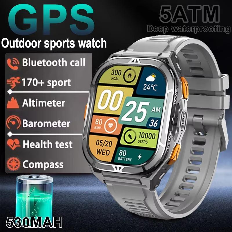 2025 New GPS Track Smart Watch Men 5ATM Waterproof 1.96"AMOLED Always Display Compass Heart Rate 530mAh Battery BT Call Smartwatch