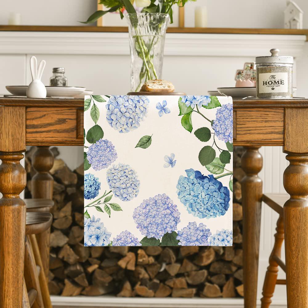 Hydrangea Butterfly Linen Table Runner - Colorful Floral Decor for Kitchen, Dining, or Party