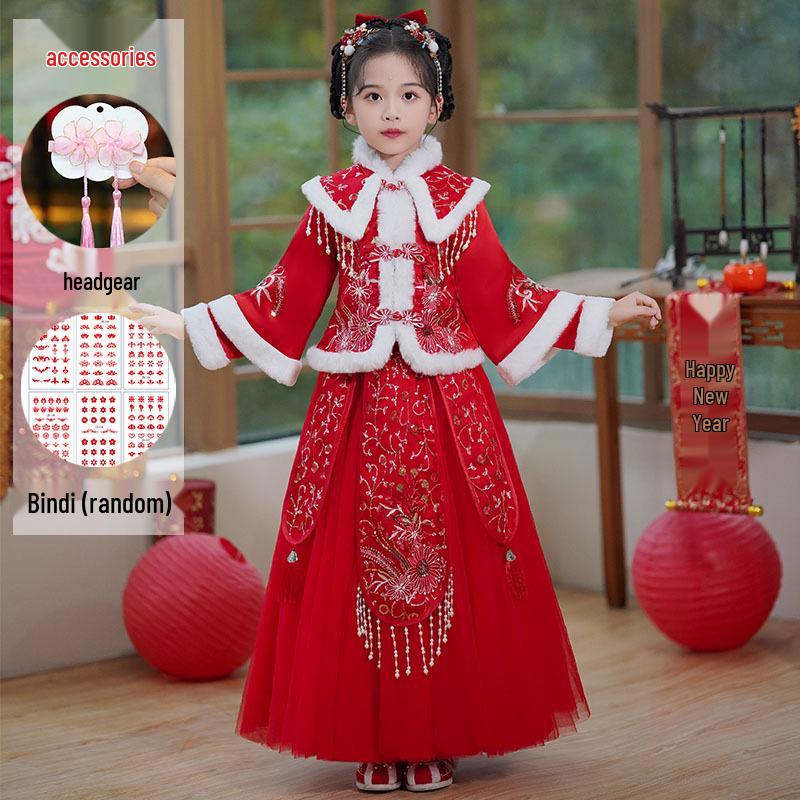 Winter 2025 Girls' Hanfu: New Year's Chinese Tang Suit & Skirt Set