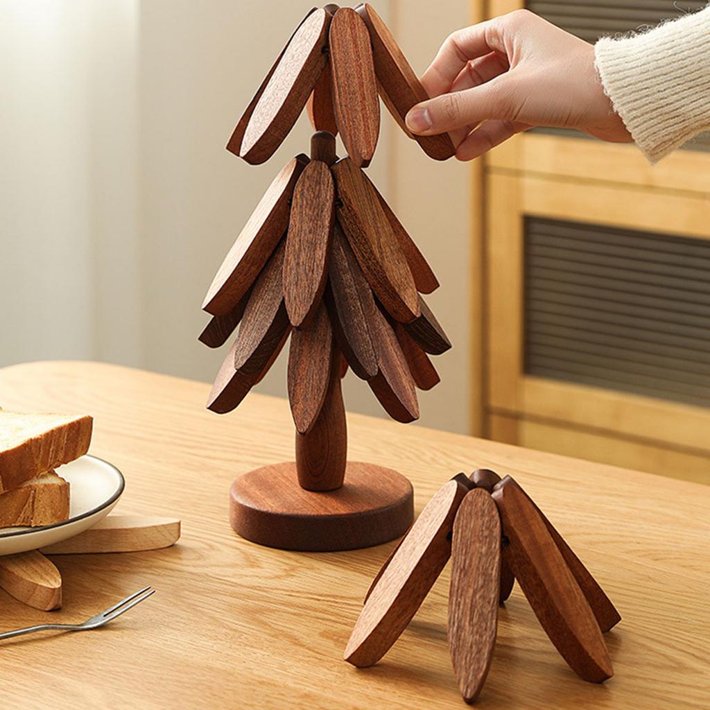 Tree Shape Anti Scald Coasters Set Wooden Foldable Trivet Christmas Tree Insulated Pad Set for Hot Dishes Pot Bowl Teapot Holder