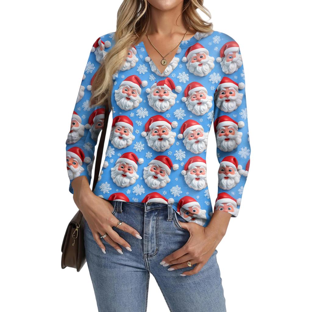 Women's Casual Fashionable Sexy Comfortable V-Neck Christmas Three-Quarter Sleeve Top
