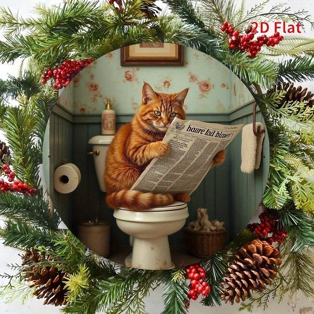 1pc 2D Round Aluminum Metal Sign Cat Reading Retro Wall Decor Humorous Bathroom Toilet Ornament Gift