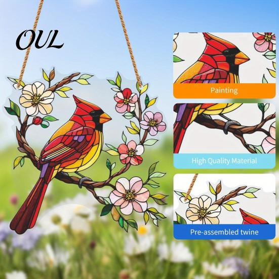 Bird Lover Ornament 1/2Pcs Acrylic Red Hanging Decoration, Standing on Flower Wall Branch Ornament, Indoor Outdoor Window Decor Decorative Pendant