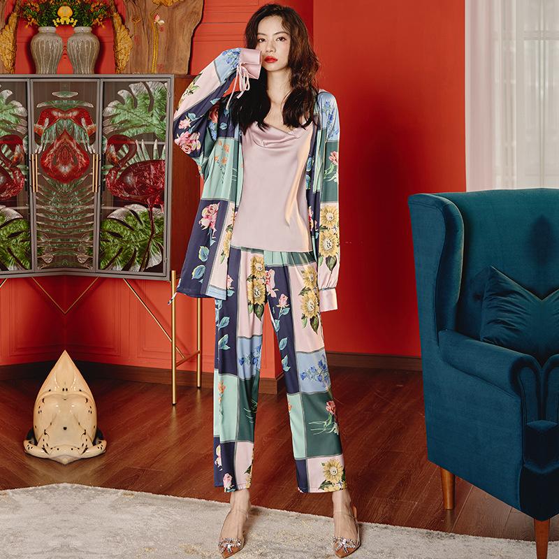 

Новая женская пижама весна-лето с длинными рукавами, женский клетчатый атласный комплект из трех предметов, домашняя одежда, топ для сна XL