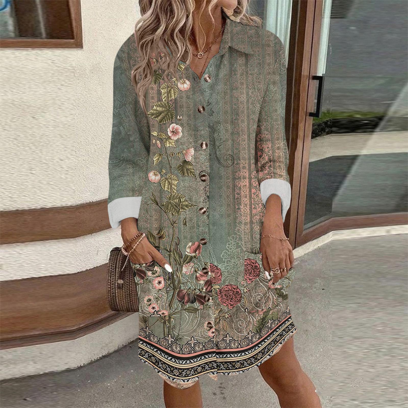Women s Fashion Temperament Autun And Winter Button Lapel Pocket Long Sleeve Retro Print Dress XL