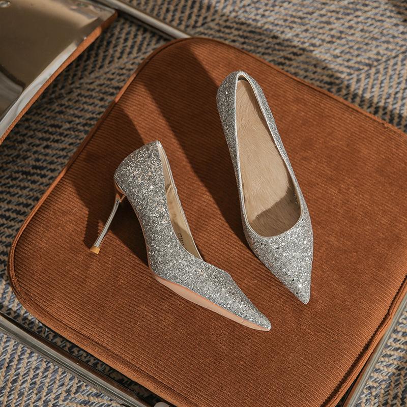 8819 Französische spitze High Heels Damen 2025 neue Kristall Pailletten Hochzeitsschuhe silber Brautjungfer Schuhe Stiletto Schuhe
