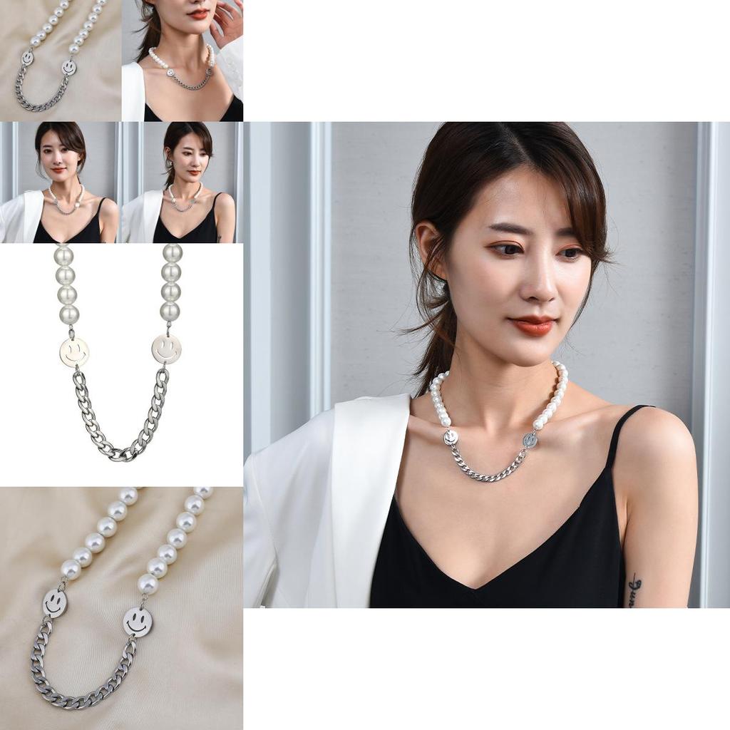 Stylish Titanium Steel Pearl Necklace With Double Smiley Face Design For Men And Women