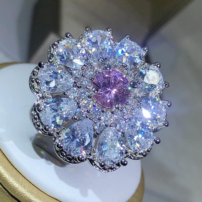 copper Trendy Luxury Jewelry Ladies Shiny White Zirconia Crystal Flower Female Ring for Women Party Wedding